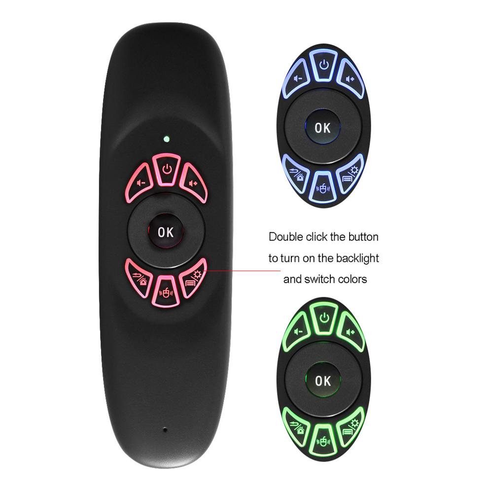 C120 RGB 3 Backlight Fly Air Mouse Wireless Backlit Keyboard G64 Rechargeable 2.4G Smart Remote Control for Android Tv Box C120 RGB 3 Backlight Fly Air Mouse Wireless Backlit Keyboard G64 Rechargeable 2.4G Smart Remote Control for Android Tv Box